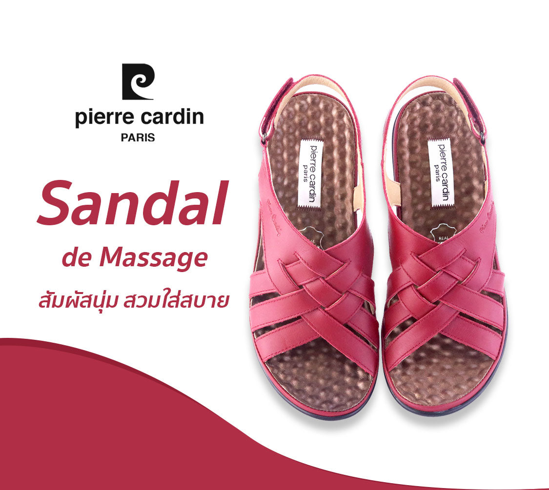 Pierre Cardin รองเท้าผู้หญิง รองเท้าแตะแบบลำลองหญิง รองเท้าส้นแบนแบบรัดส้น นุ่มสบาย ผลิตจากหนังแท้ สีแดง ไซส์ 36 37 38 39 40 รุ่น 27WS445