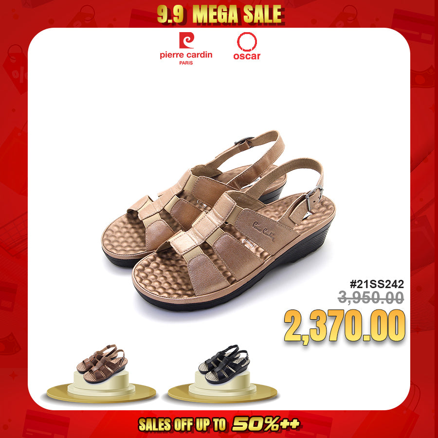 Pierre Cardin รองเท้าผู้หญิง รองเท้าแตะแบบลำลองหญิง รองเท้าส้นแบนแบบรัดส้น นุ่มสบาย ผลิตจากหนังแท้ สีบรอนซ์ทอง ไซส์ 21SS242
