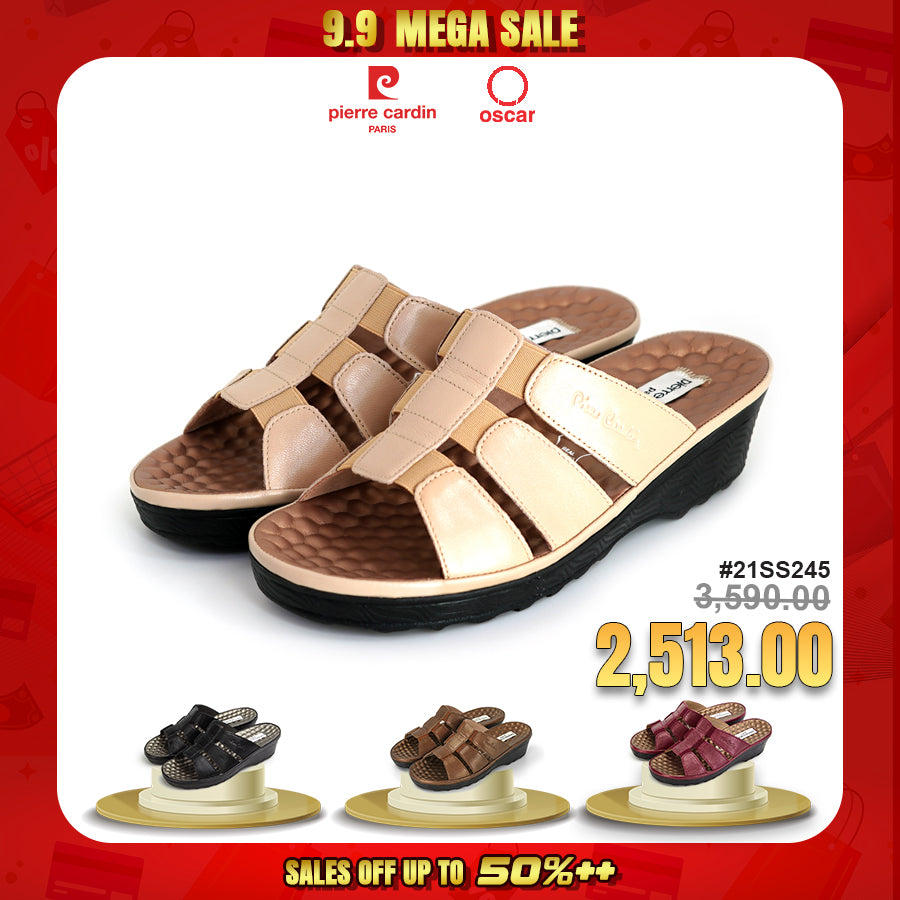 Pierre Cardin รองเท้าแตะหนังแท้ ทรงสวม สีแดงเบอร์รี่ ไซส์ 36–42 รุ่น 21SS245