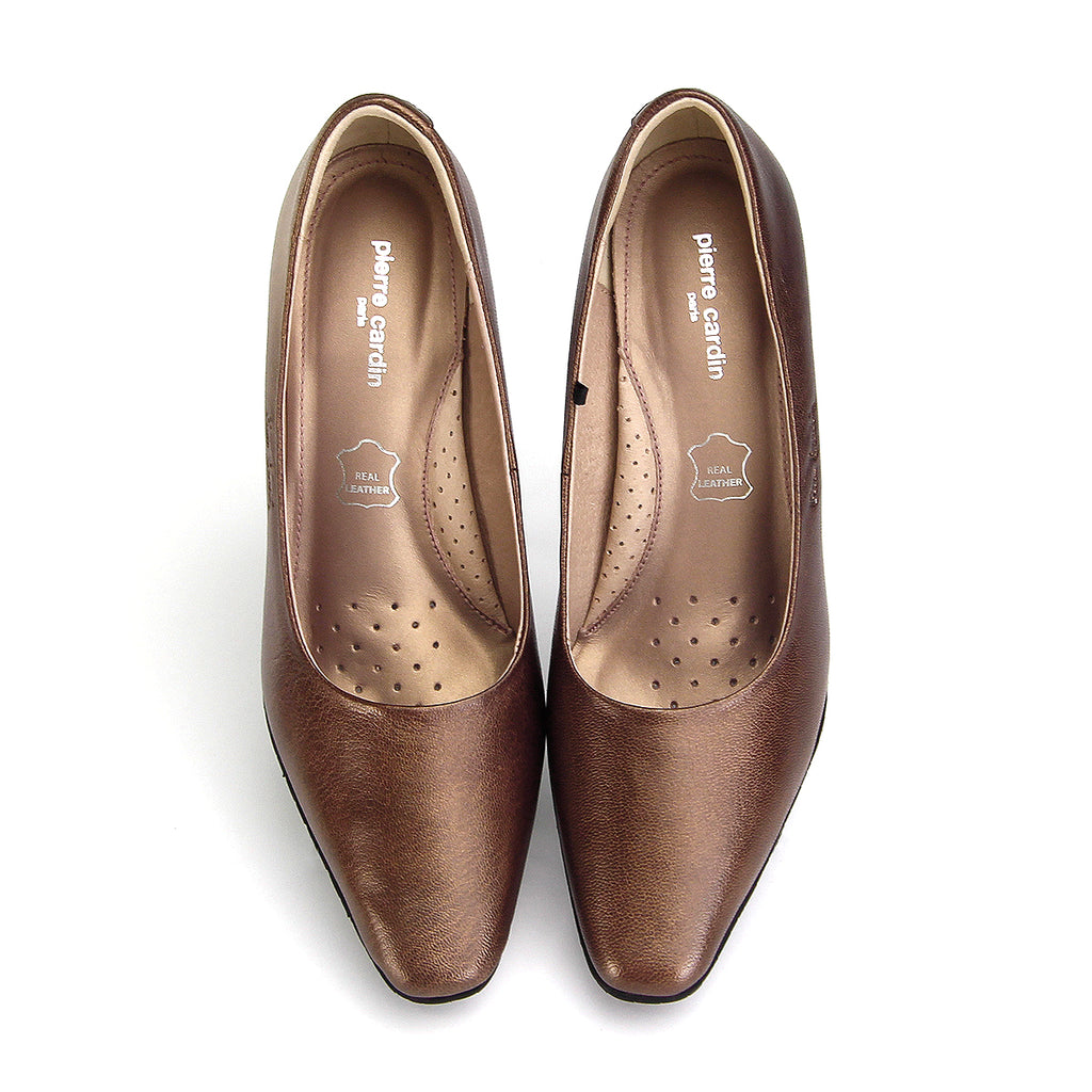 Pierre Cardin รองเท้าผู้หญิง รองเท้าส้นสูง รองเท้าส้นสูงทรง Pump นุ่มสบาย ผลิตจากหนังแท้ สีบรอนซ์ทอง ไซส์ 23WD314