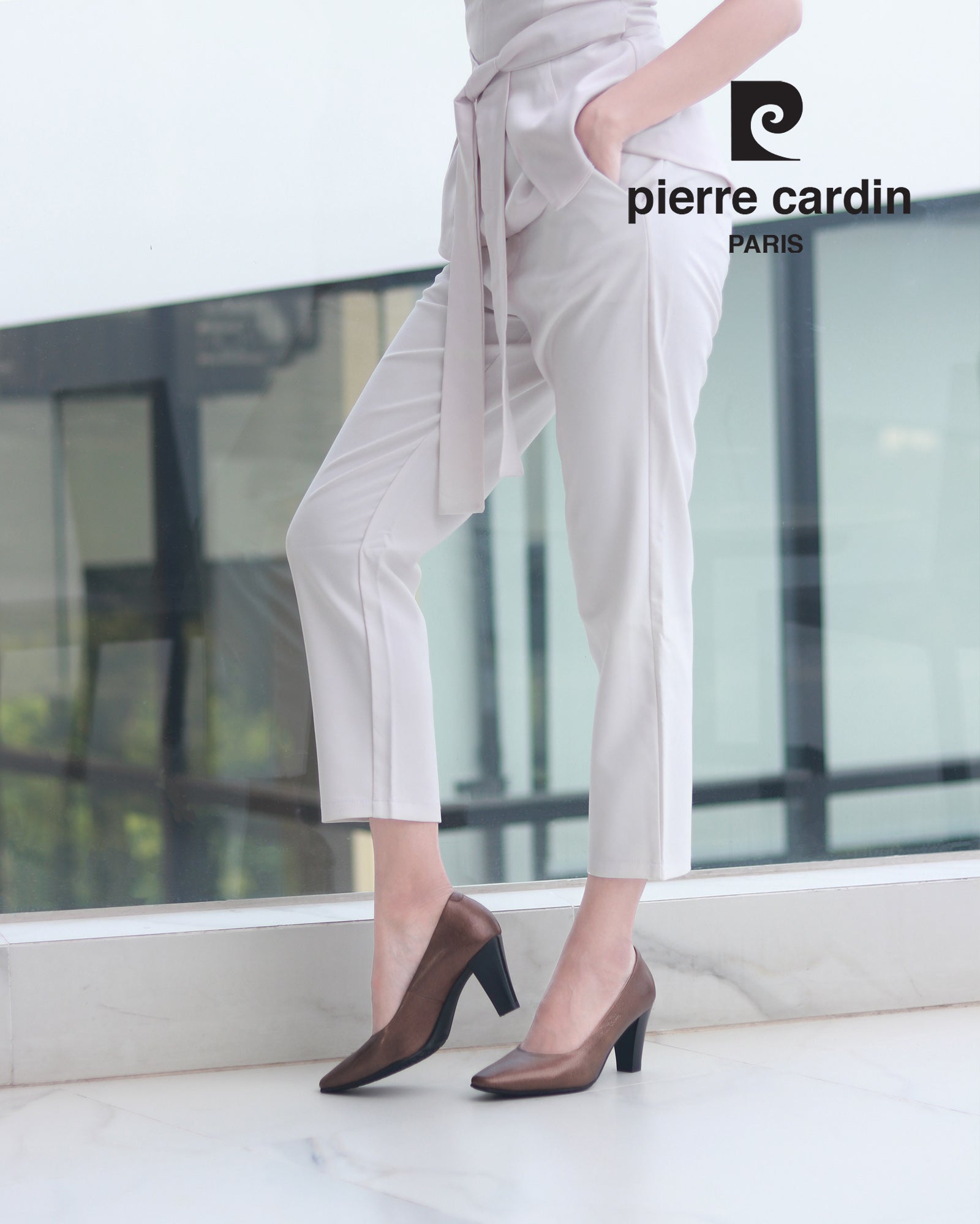 Pierre Cardin รองเท้าผู้หญิง รองเท้าส้นสูง รองเท้าส้นสูงทรง Pump นุ่มสบาย ผลิตจากหนังแท้ สีบรอนซ์ทอง ไซส์ 23WD314
