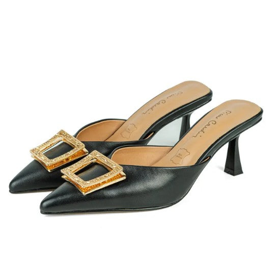 Pierre Cardin รองเท้าผู้หญิง รองเท้าส้นสูง รองเท้าส้นสูงแบบเปิดส้น นุ่มสบาย ผลิตจากหนังแท้ สีดำ รุ่น 52AD144